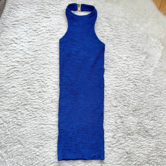 New Hunza G Polly Seersucker Mini Dress Metallic Blue Halter Crinkle Stretchy - Picture 6 of 9